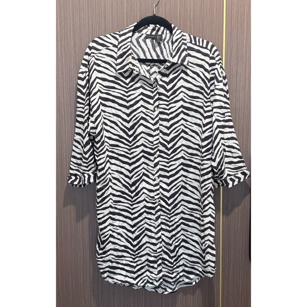Tahari Tunic Blouse Linen Blend Zebra Print Shirt Button Front Top XL